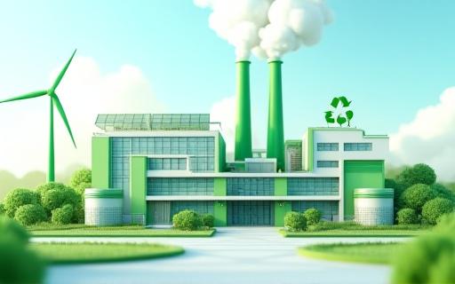 Een visualisatie van een fabriek met groene accenten en recycling symbolen.