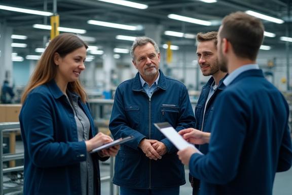 Moderne productiefaciliteit van Koppel Koper met een team van ingenieurs in overleg.